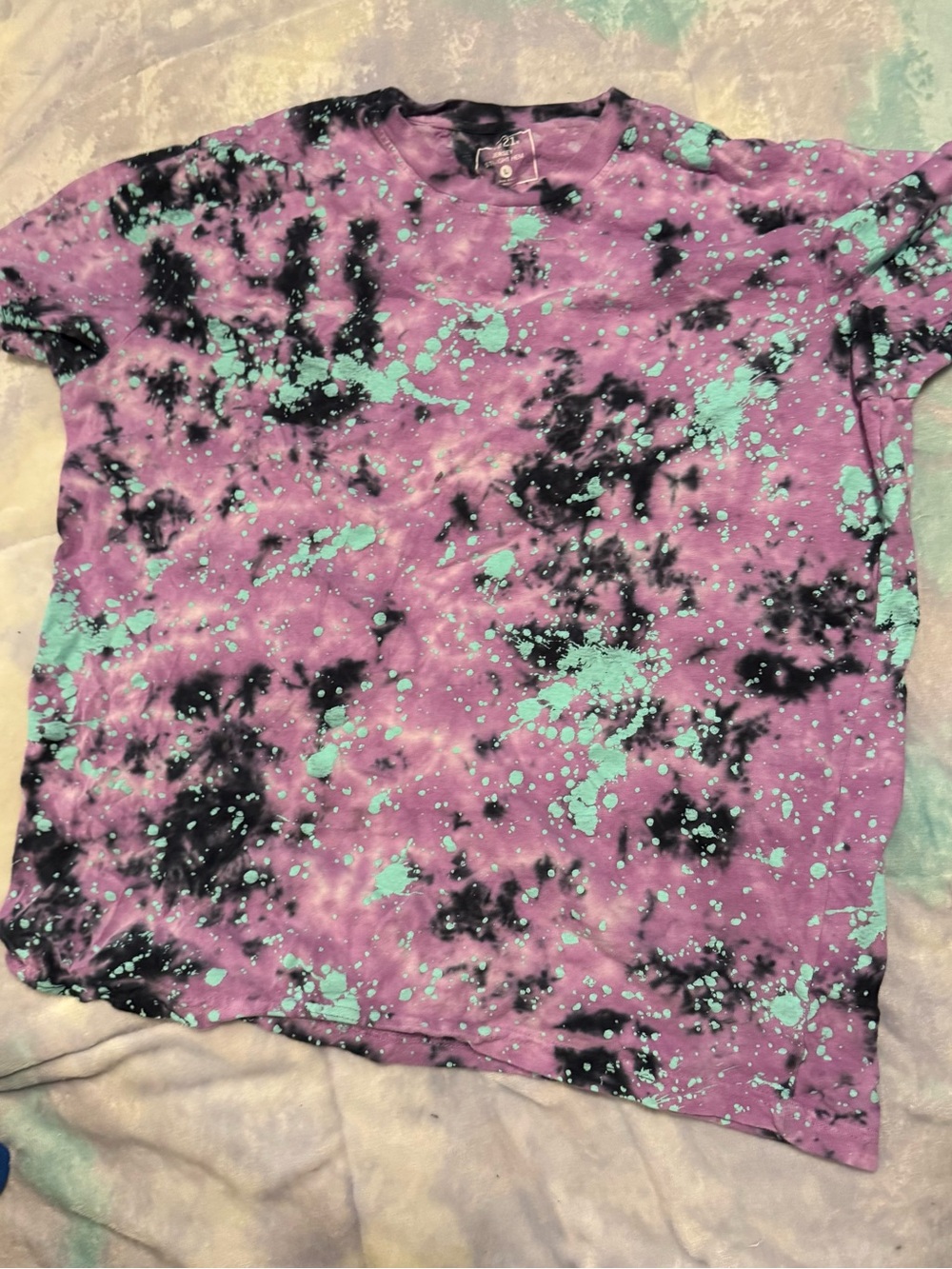 Rue21 Purple Tee with Aqua Splatter and Black Accents